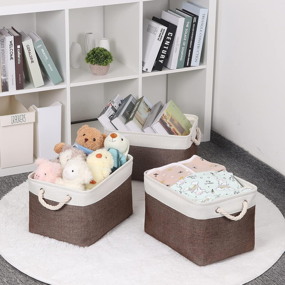 Baskets Fabric Storage Bins for Shelves [3-Pack] Decorative Storage Baskets for Organizing 15 X 11 X 9.5 Inches Nursery Closet Foldable Toy Storage Closet Organizer Brown