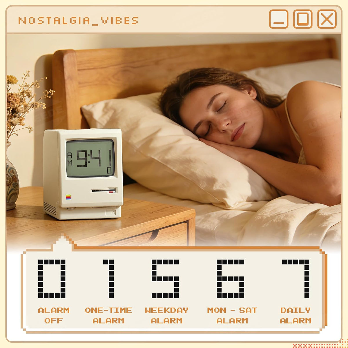Maclock Retro Desk Clock, 1984 W-8 Computer Inspired Pixel Display Rechargeable Desk Clock, Multi-Alarm, Calendar, Temperature, Dimmable, Unique Retro Tech Gift for Office Bedroom Night Light