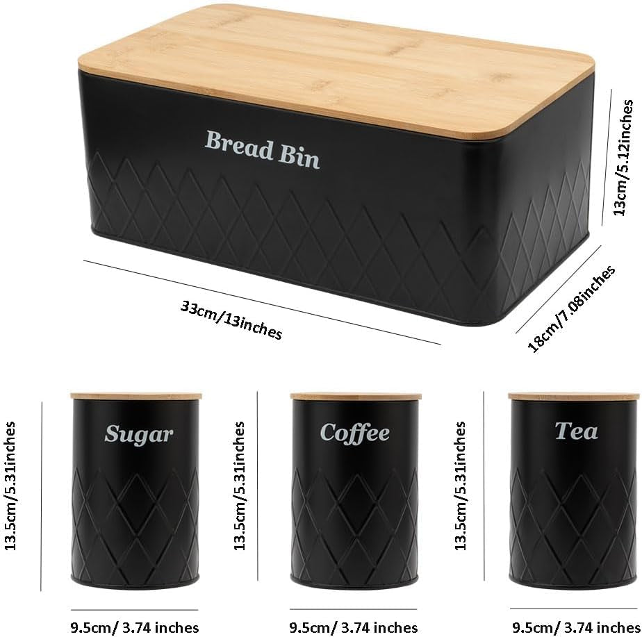 Black Metal Bread Box with Cutting Board,3 Canisters for Kitchen