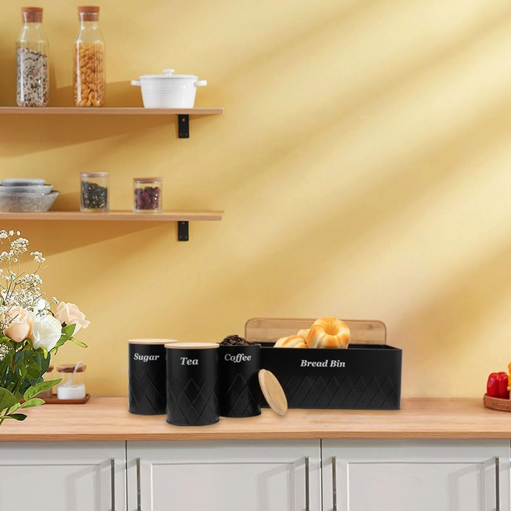 Black Metal Bread Box with Cutting Board,3 Canisters for Kitchen