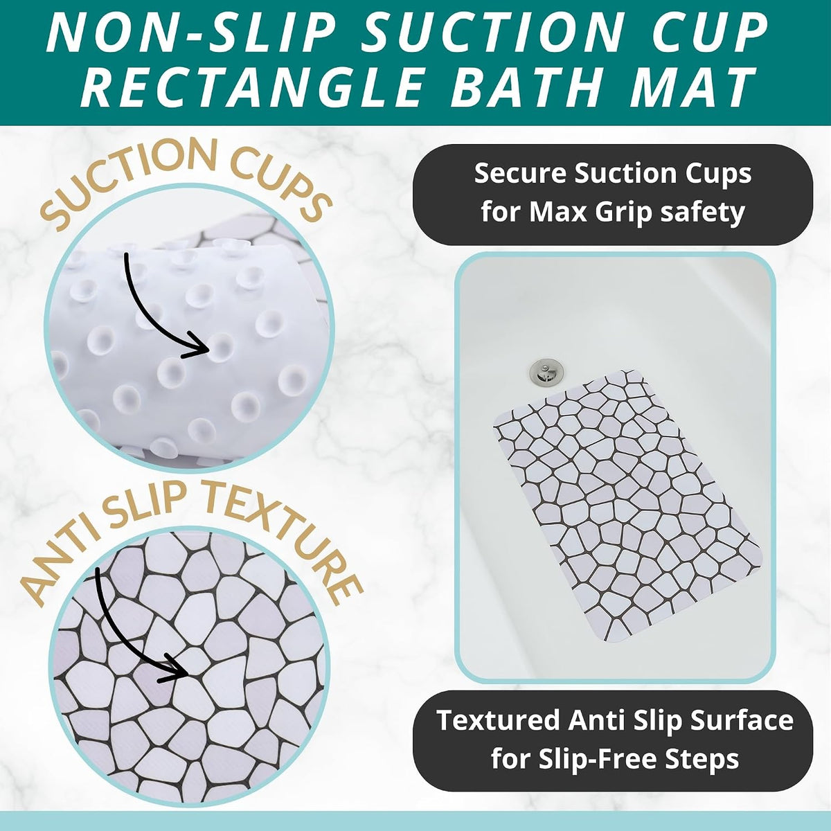Bath Mat for Tub and Shower Floors - Non Slip Shower Mat – anti Slip Bathtub Mat with Strong Suction Cup Grip – Soft, Pebble Print Bathroom Mat for inside Bath and Showers (28X16 Pebble)