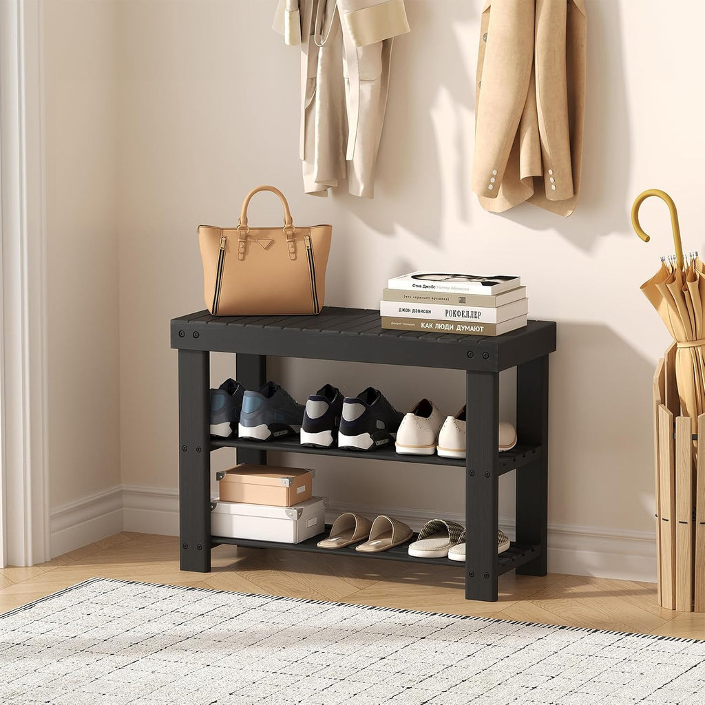 Shoe Rack Bench, 3-Tier Bamboo Shoe Organizer, Wooden Entryway Storage Bench, 286 Lb Load Capacity, 11.2X27.6X17.9 Inches, for Entryway Bathroom Bedroom Balcony, Black