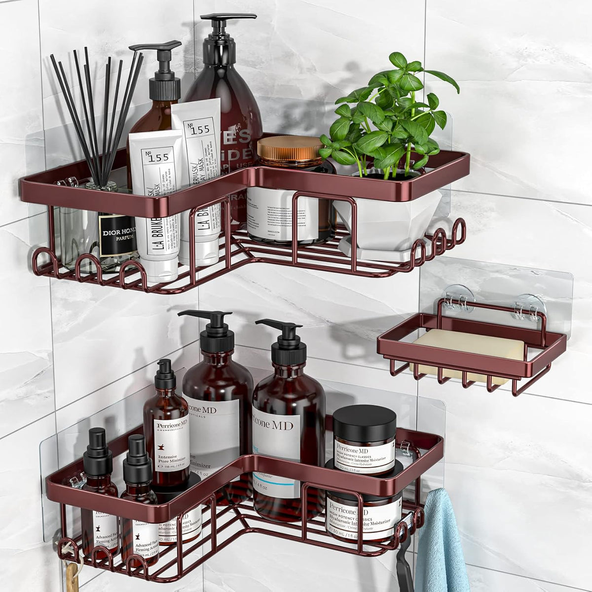 Corner Shower Caddy, 3-Pack Adhesive Shower Caddy with Soap Holder and 12 Hooks, Rustproof Stainless Steel, No Drilling Wall Mounted Rack Organizer, for Bathroom, Bronze