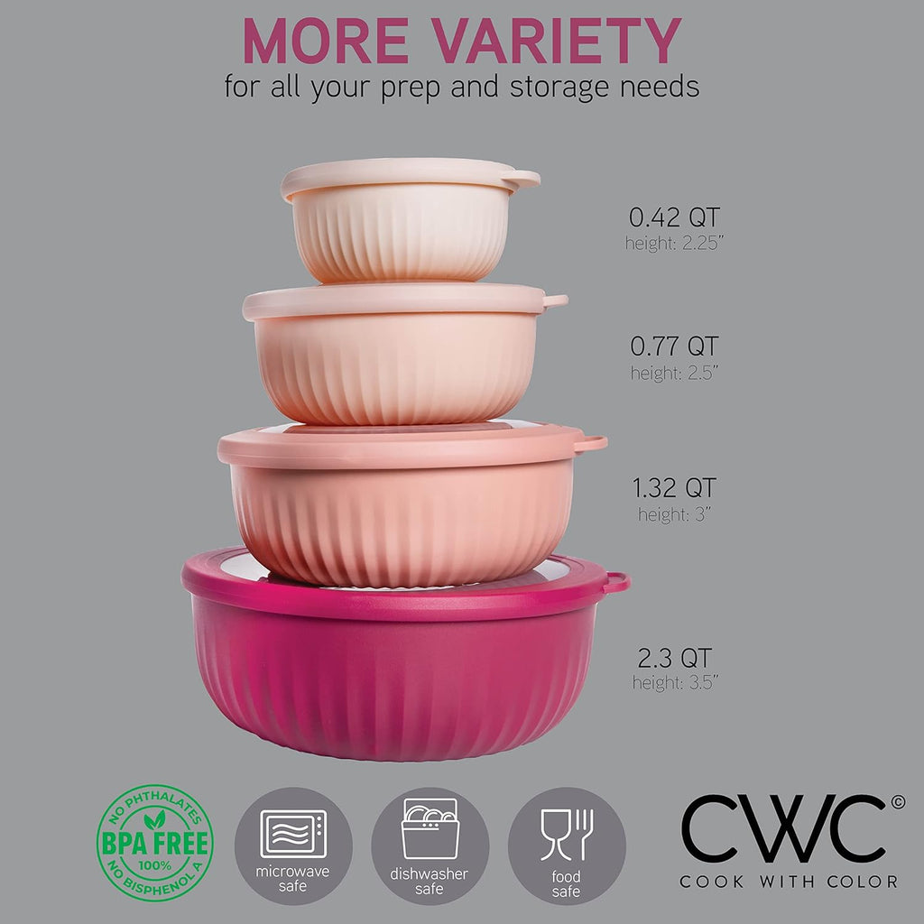 Prep Bowls with Lids- Wide and Deep Nesting Plastic Small Mixing Bowl Set with Lids, 8 Piece Set - Wide Bowls, Rose