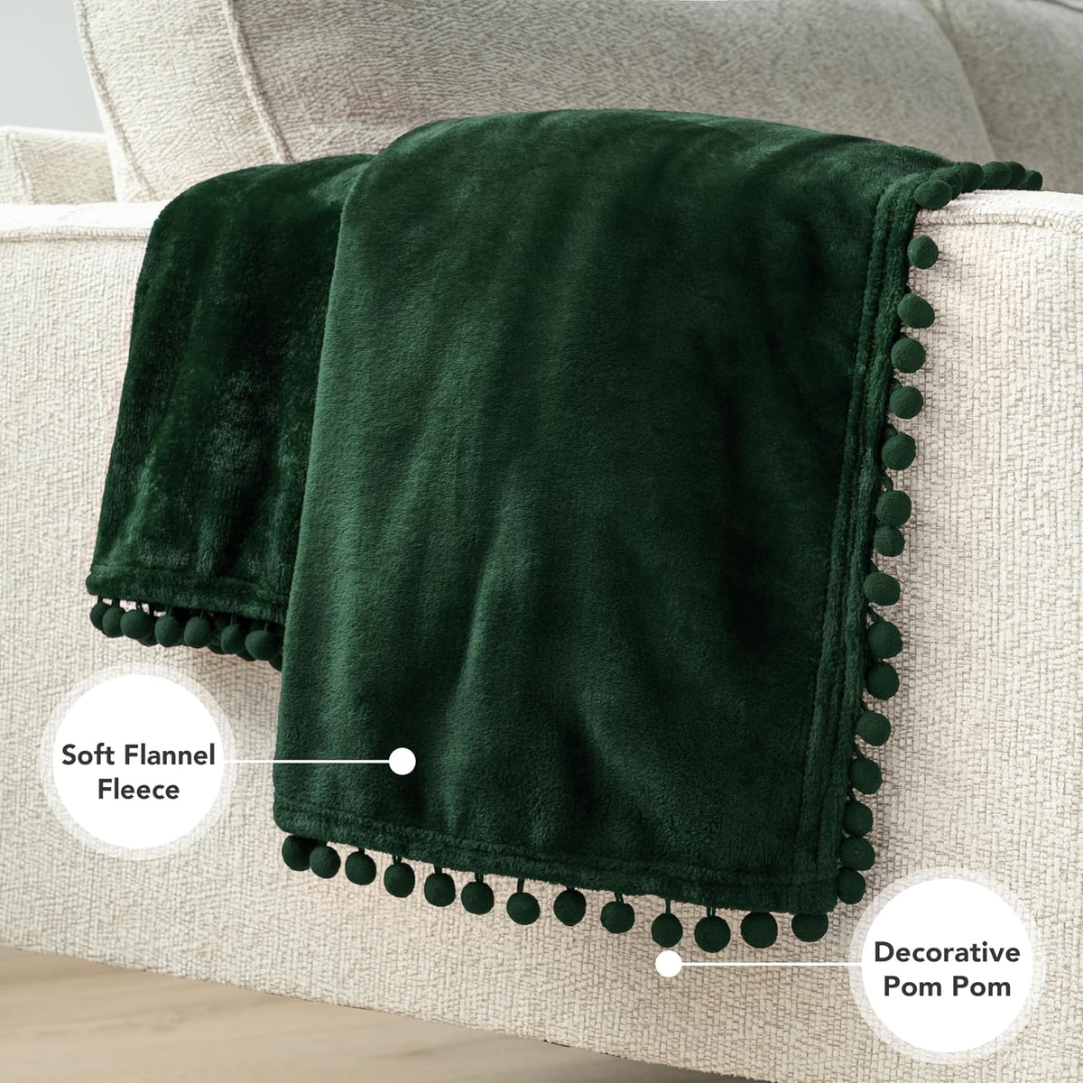 Fleece Throw Blanket for Couch with Pom Pom Fringe, Emerald Green, Soft Cozy Fuzzy Flannel Blanket for Sofa Bed, Lightweight Plush All Season Throw, 50X60 Inches