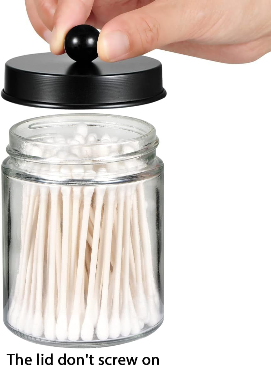 6Pc Apothecary Jars Bathroom Vanity Organizer- Rustic Farmhouse Decor Storage with Stainless Steel Lids- Qtip Dispenser Holder for Q-Tips, Cotton Swabs, Rounds, Ball, Flossers (Black)