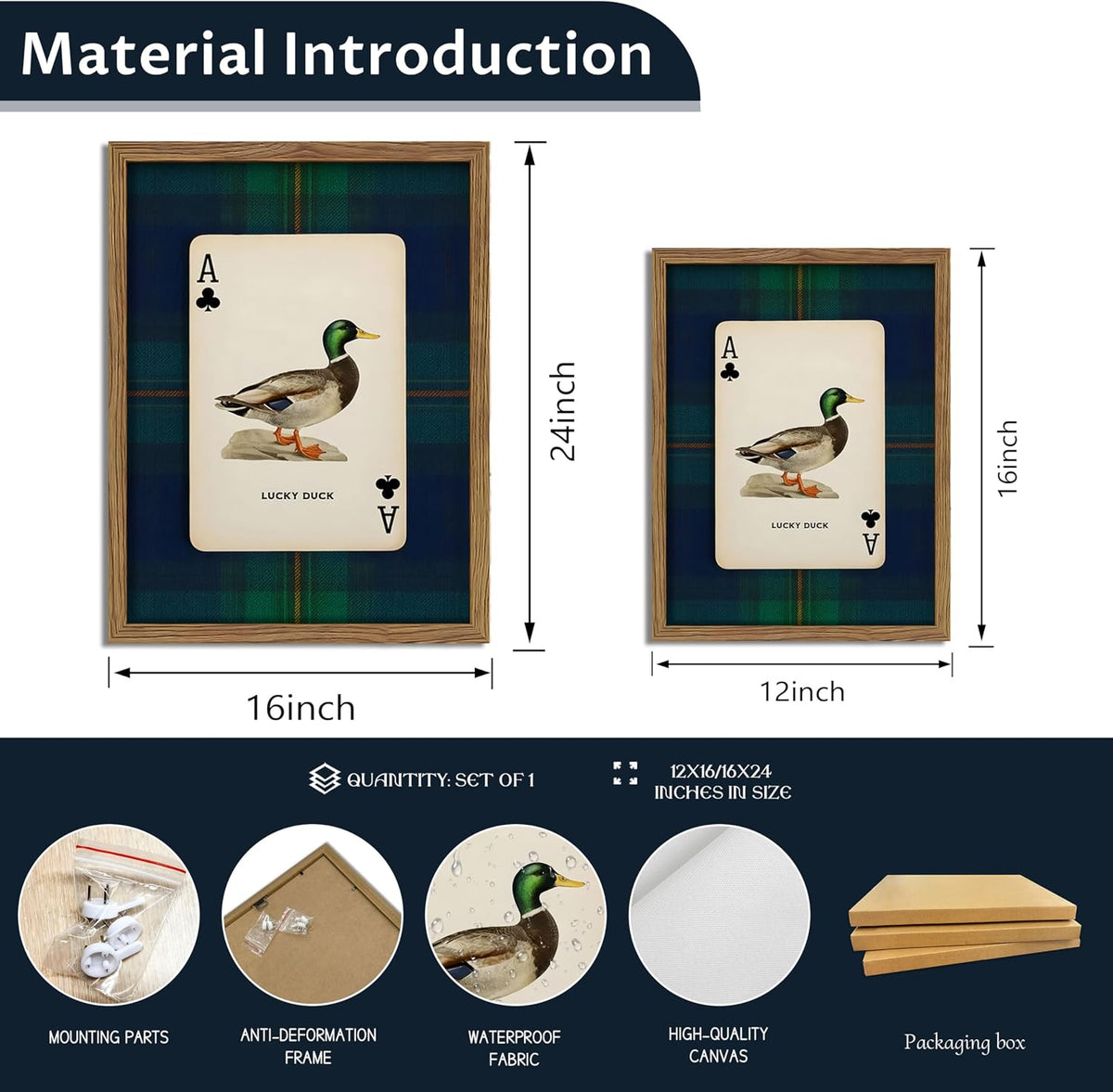 Framed Vintage Mallard Duck Wall Art, Country Lucky Duck Wildlife Poker Wall Decor Painting, Nature Rustic Farmhouse Hunting Canvas Prints Pictures for Living Room Bedroom 12X16 Inch