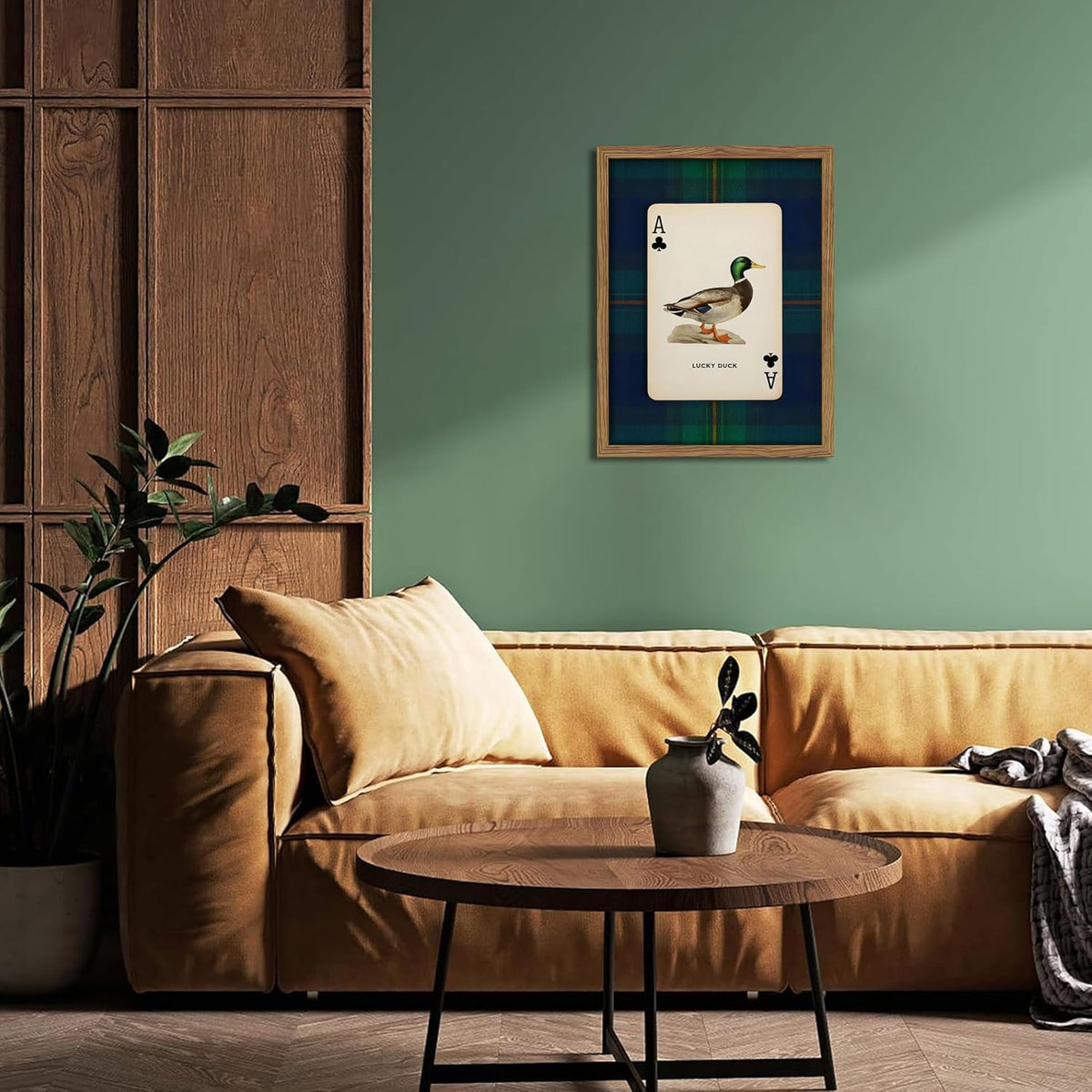 Framed Vintage Mallard Duck Wall Art, Country Lucky Duck Wildlife Poker Wall Decor Painting, Nature Rustic Farmhouse Hunting Canvas Prints Pictures for Living Room Bedroom 12X16 Inch