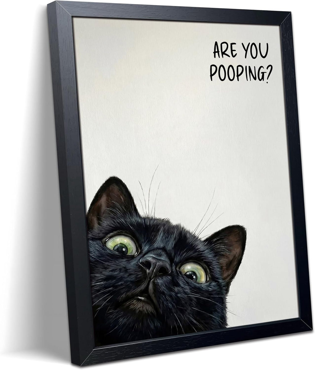 Funny Black Cat Bathroom Wall Art, Rustic Farmhouse Wall Decor Painting, Humorous Are You Pooping Canvas Print, Cute Animal Canvas Art, Black Framed Cat Pictures for Restroom Wall Decor 8X10 Inch