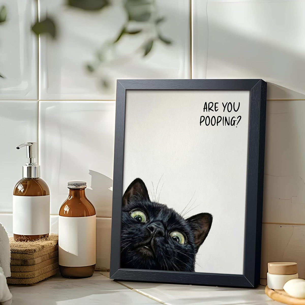 Funny Black Cat Bathroom Wall Art, Rustic Farmhouse Wall Decor Painting, Humorous Are You Pooping Canvas Print, Cute Animal Canvas Art, Black Framed Cat Pictures for Restroom Wall Decor 8X10 Inch