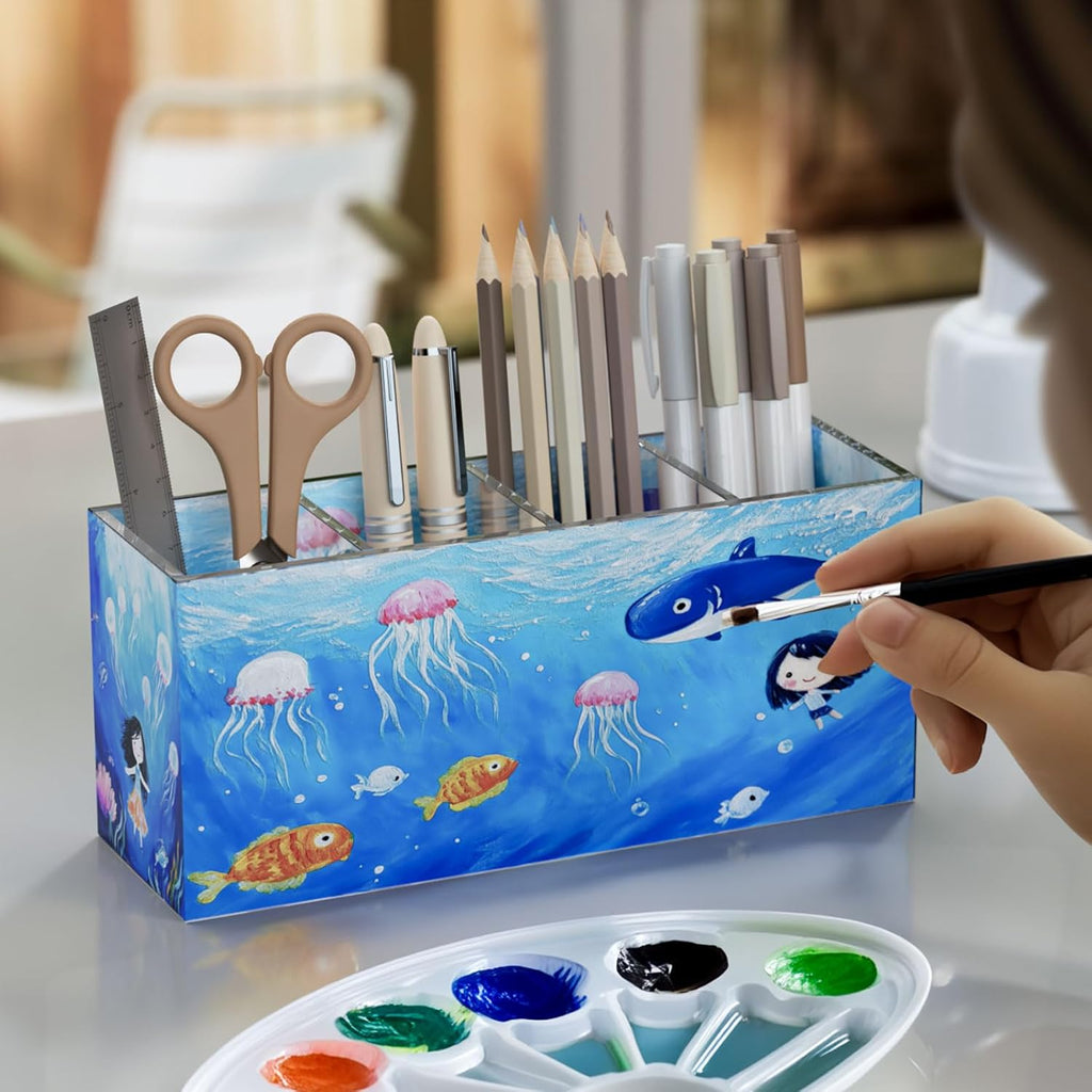 Acrylic Pen Holder 4 Compartments, Clear Desk Pencil Organizer Cup