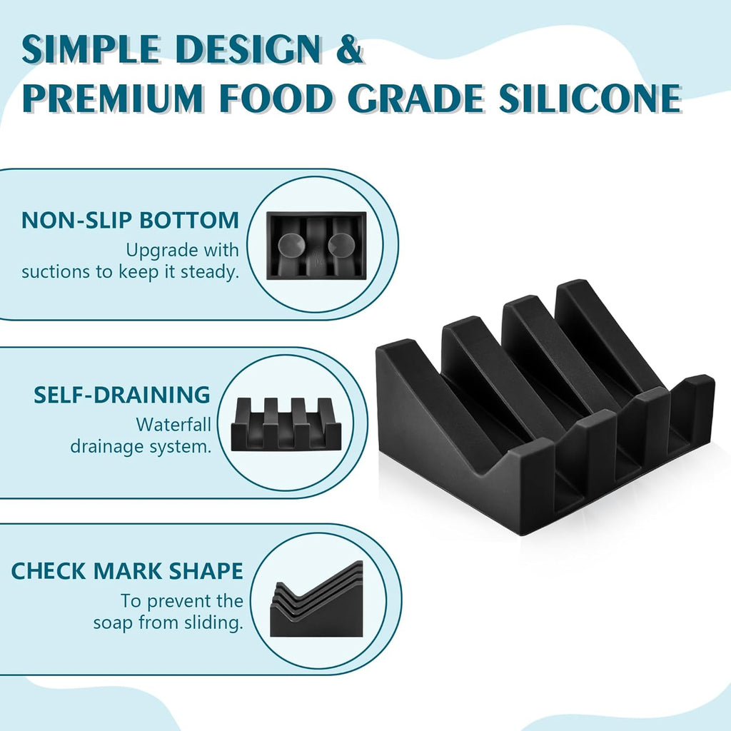 Soap Dish Holder for Shower with Suction Cup, Silicone Soap Holder & Saver Self-Draining Bar Soap Dish Keeps Soap Dry for Bathroom, Kitchen, Bathtub, Extends Soap Life (Black-1Pack)