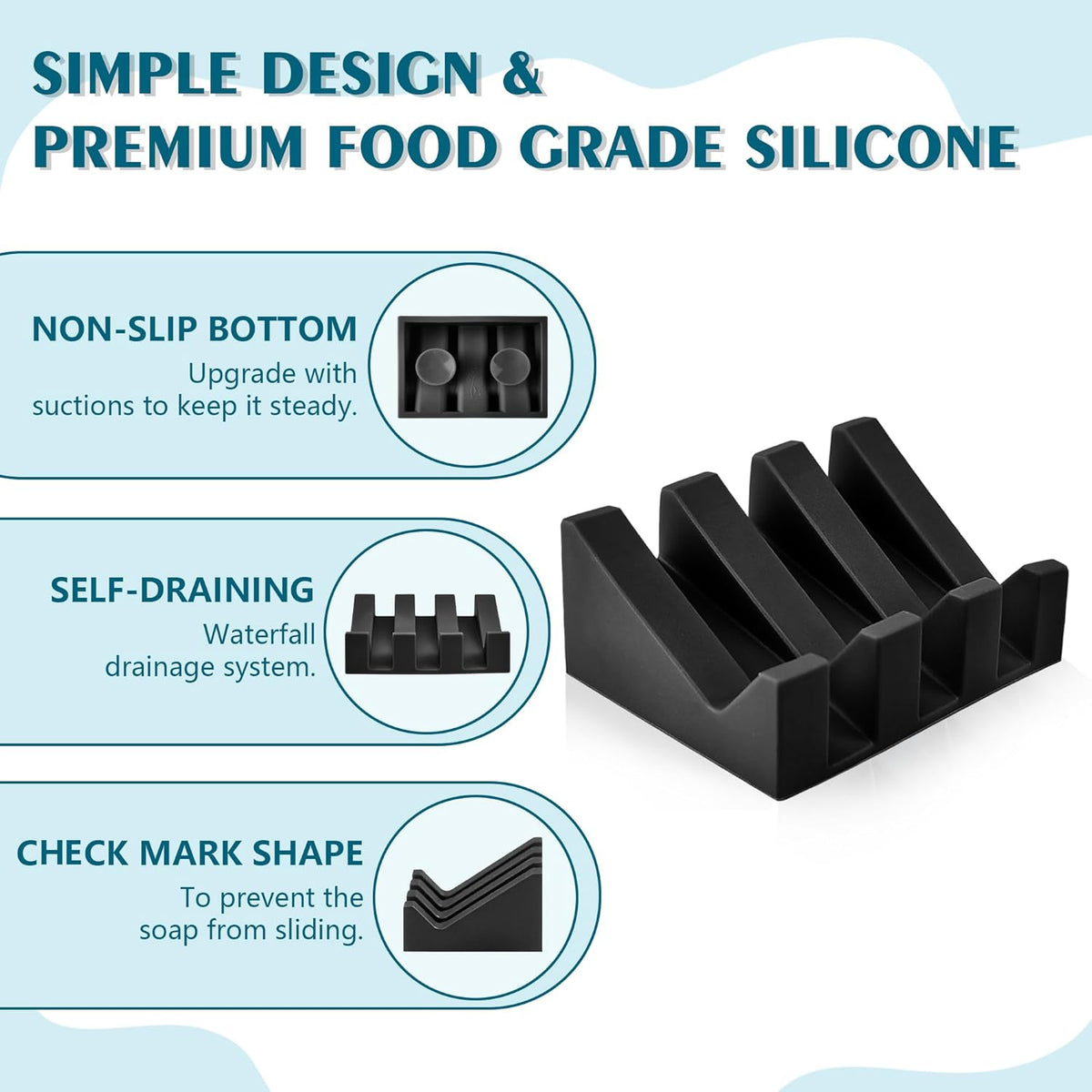 Soap Dish Holder for Shower with Suction Cup, Silicone Soap Holder & Saver Self-Draining Bar Soap Dish Keeps Soap Dry for Bathroom, Kitchen, Bathtub, Extends Soap Life (Black-1Pack)