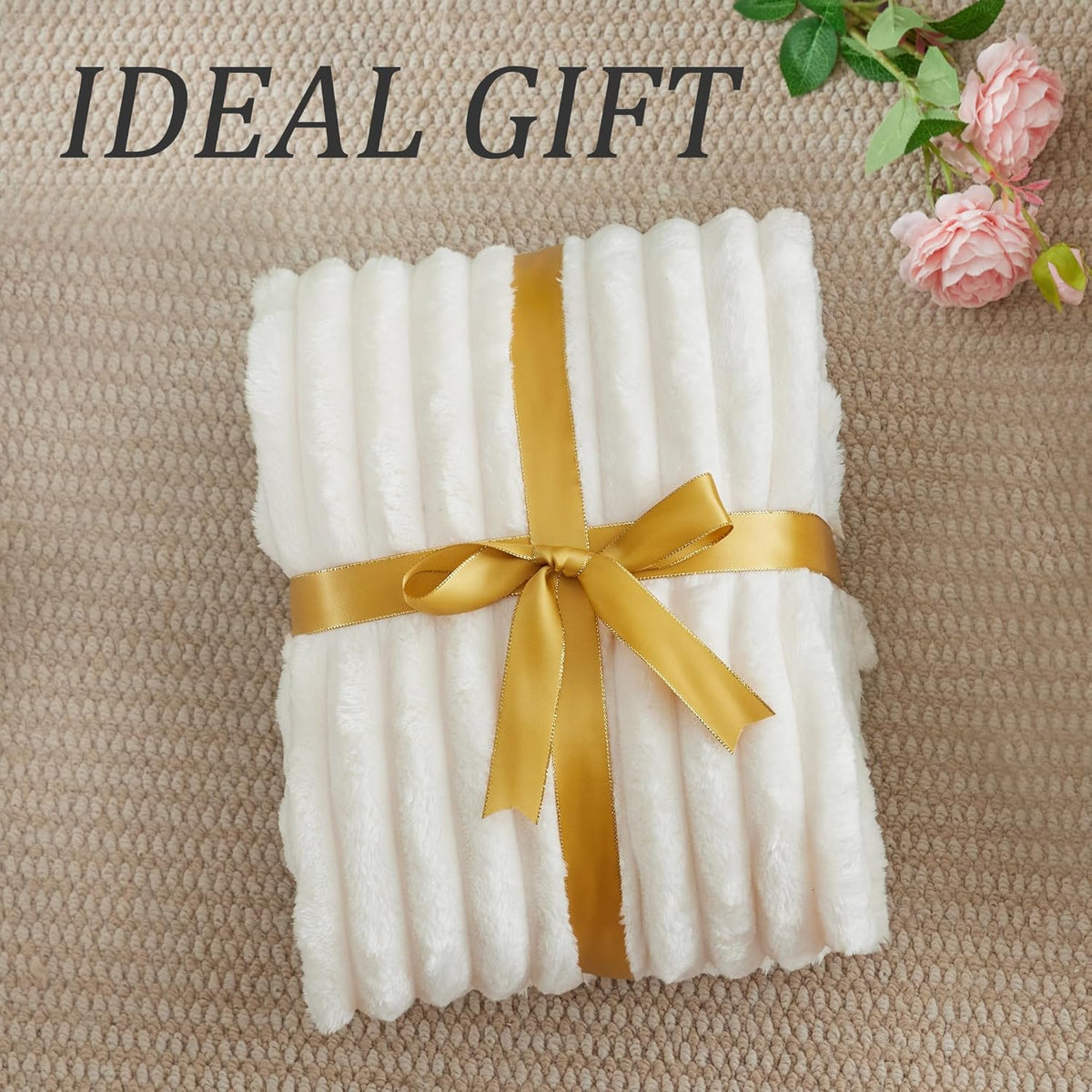 Ribbed Fleece Throw Blanket for Couch, Cream, 50"X60"