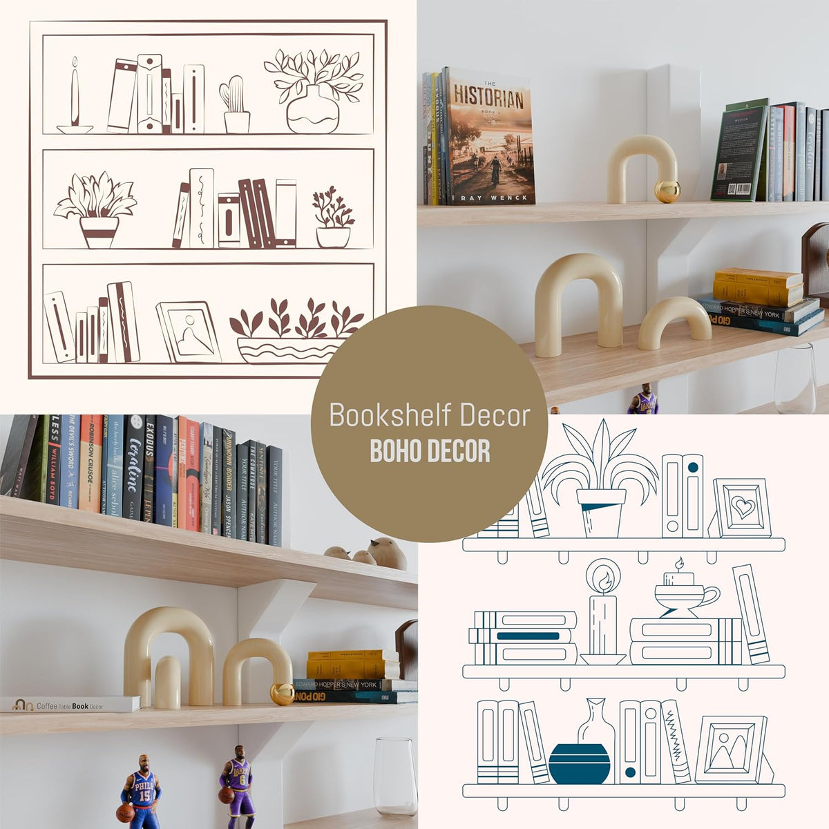 Boho Bookshelf - Neutral Japandi Home Decor Accents, Coffee & Entryway Table Decor, Minimalist Console & Mantle Decorations