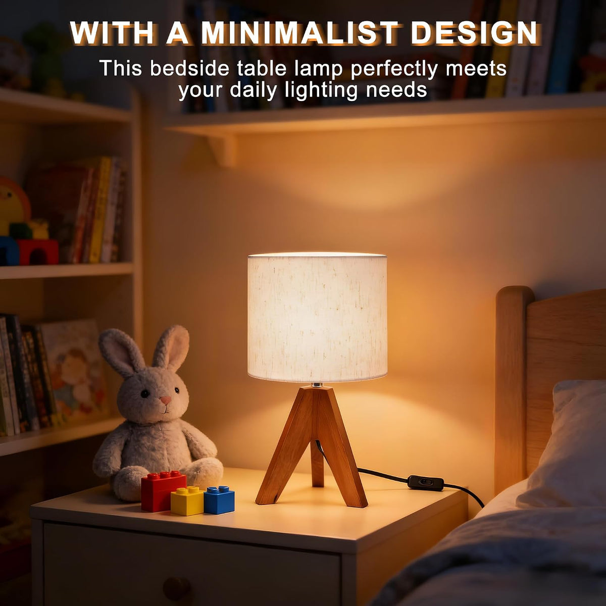 Mid Century Table Lamp - Small Side Table Lamp with Linen Shade, 14.2 Inch Bedside Lamps for Night Stands, Bedroom, Living Room, Wood Base, E26 Socket（2Pcs）
