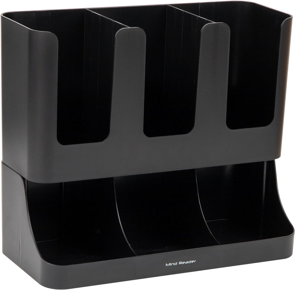 Condiment Station, 13 Inch Countertop Coffee Bar Organizer with 6 Compartments, Storage Caddy for Cups, Lids and Packets, Plastic, Black