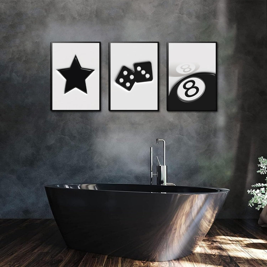 Black and White Dice Canvas Wall Art Set of 3,Funky Retro Y2K 8 Ball Wall Decor Paintings, Funky Lucky Preppy Posters Prints Pictures for Game Room Apartment Dorm Teenager Room 16X24In Framed