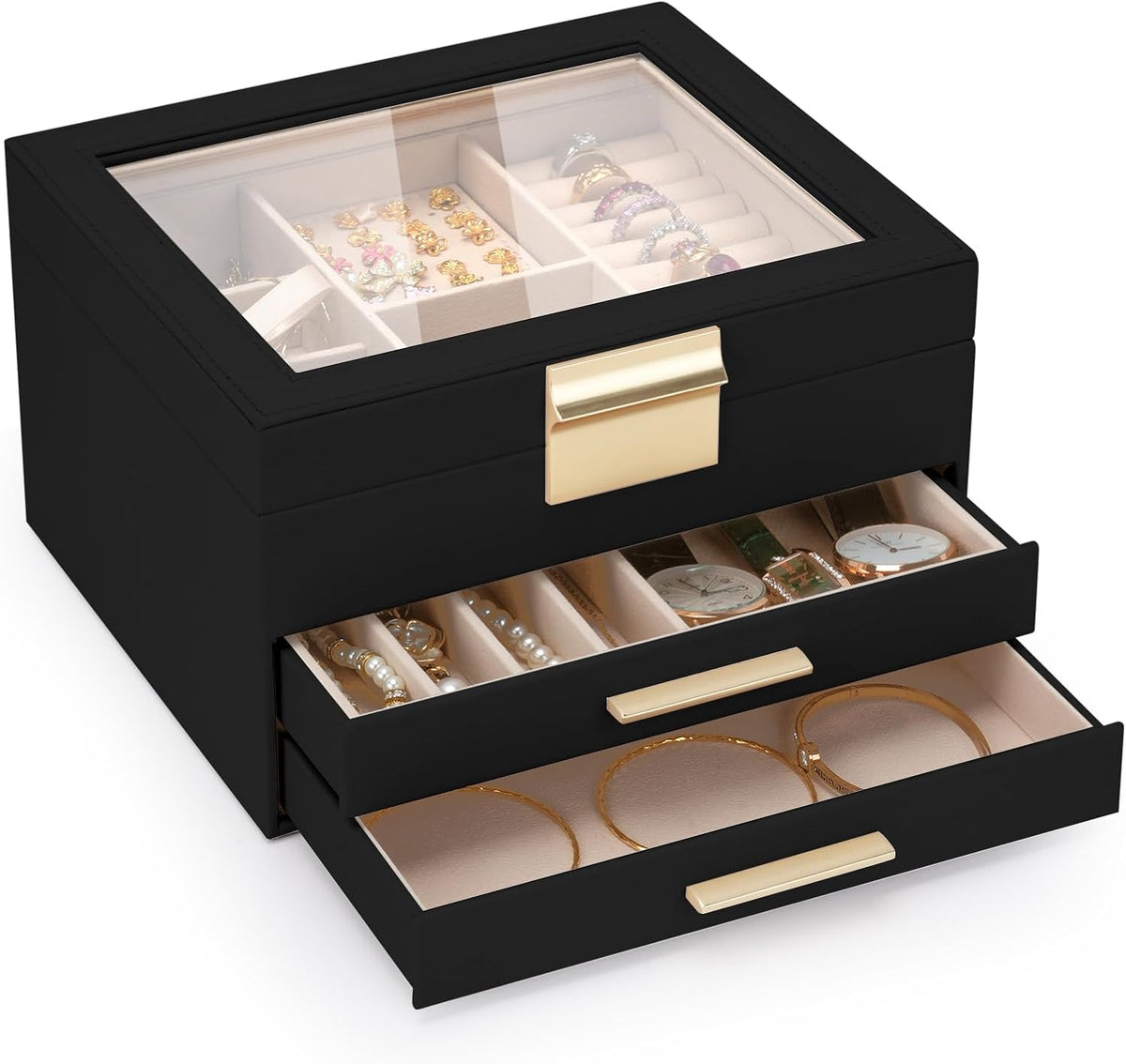 3-Layer Jewelry Box for Women, Jewelry Organizer with Glass Lid and Drawers, Jewelry Organizers and Storage for Necklaces, Rings, Earrings, Bracelets - White/Green/Black