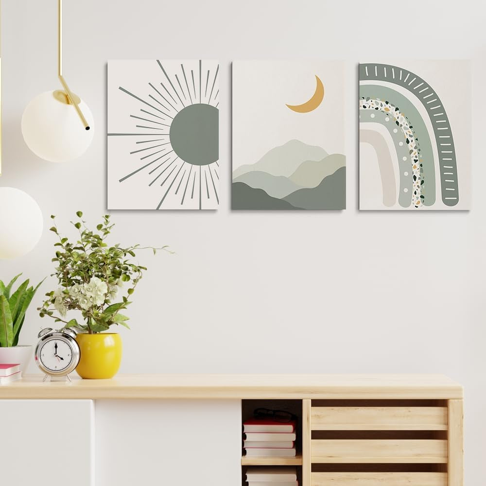 Boho Nursery Print Set of 3,Sun Rainbow Moon Baby Room Posters,Sage Green Wall Art Celestial Bedroom Kids Room Wall Art Decor, Abstract Art Prints,Mid Century Mountain Art for Home Decor 12"X16"