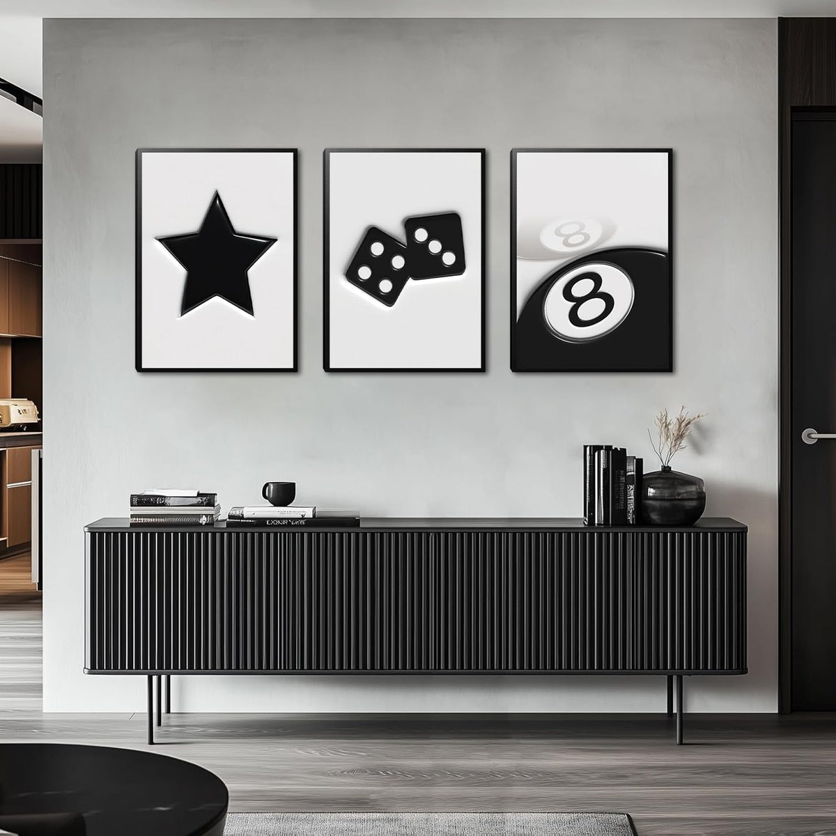Black and White Dice Canvas Wall Art Set of 3,Funky Retro Y2K 8 Ball Wall Decor Paintings, Funky Lucky Preppy Posters Prints Pictures for Game Room Apartment Dorm Teenager Room 16X24In Framed
