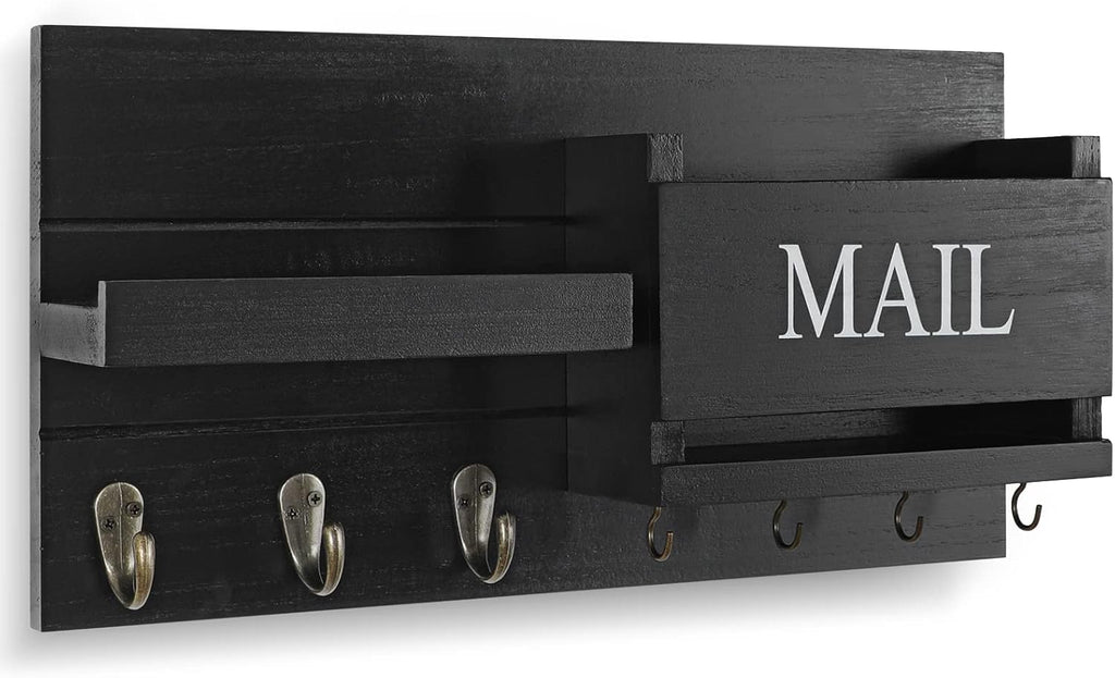 Mail Organizer for Wall Mount – Key Holder with Shelf Includes Letter Holder and Hooks for Hallway Farmhouse Decor – Rustic Wood with Flush Mounting Hardware (16.5” X 9.1” X 3.4”) (Black)