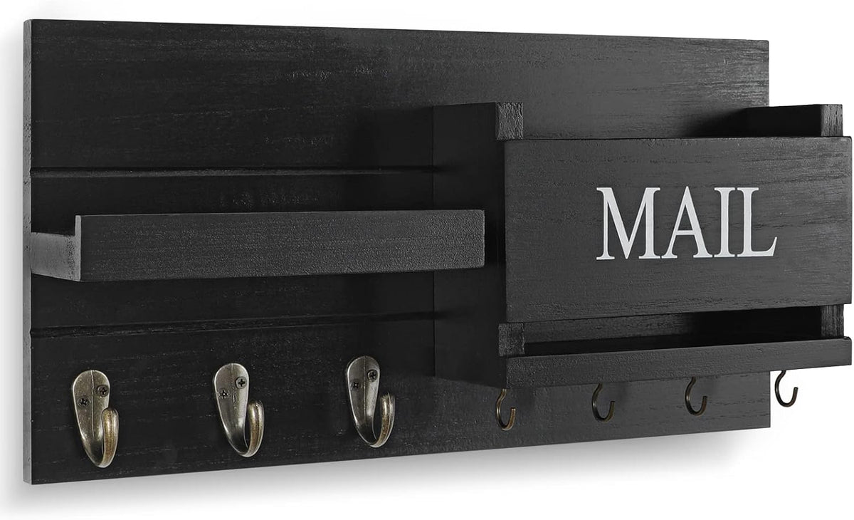 Mail Organizer for Wall Mount – Key Holder with Shelf Includes Letter Holder and Hooks for Hallway Farmhouse Decor – Rustic Wood with Flush Mounting Hardware (16.5” X 9.1” X 3.4”) (Black)