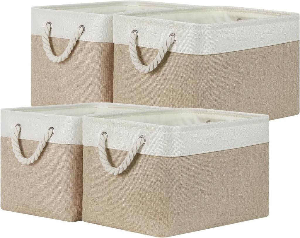 Fabric Storage Baskets 4Pack Storage Bins Decorative Basket for Gift, Clothes Bin with Rope Handle, Rectangle Baskets for Storage, Blankets(White&Khaki,15X11X9.5 Inch)