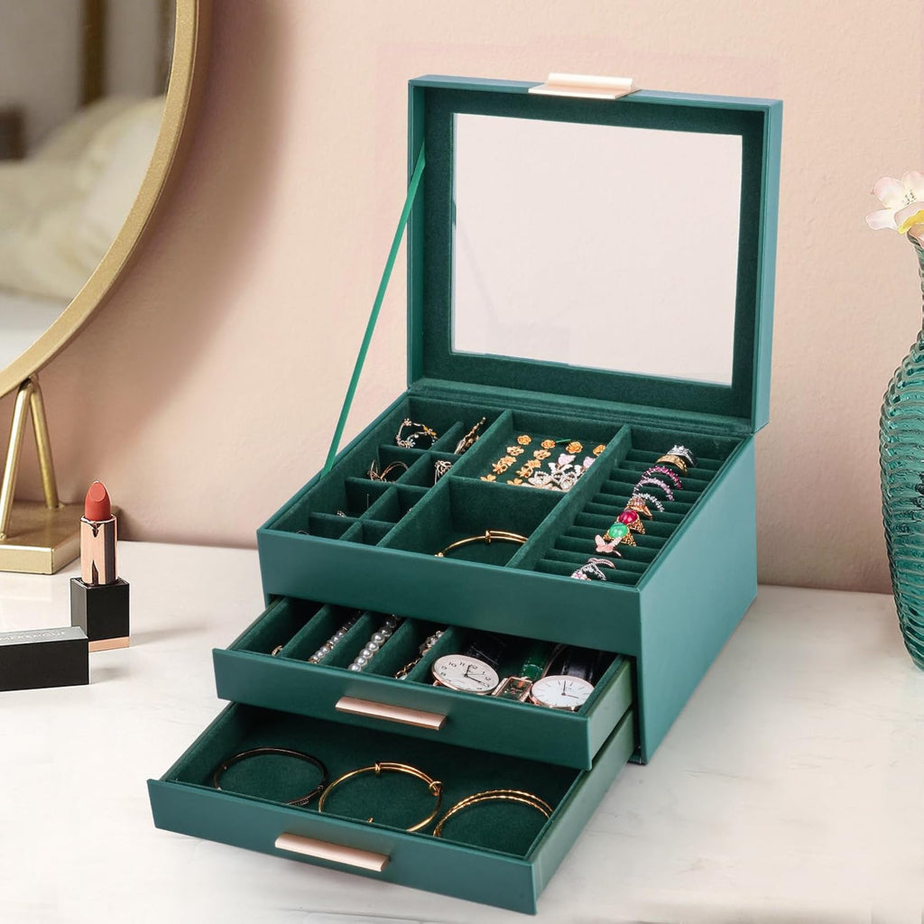 3-Layer Jewelry Box for Women, Jewelry Organizer with Glass Lid and Drawers, Jewelry Organizers and Storage for Necklaces, Rings, Earrings, Bracelets - White/Green/Black
