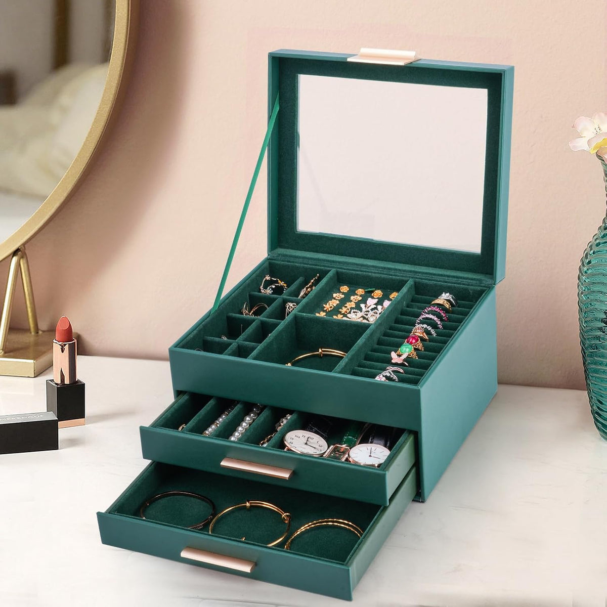 3-Layer Jewelry Box for Women, Jewelry Organizer with Glass Lid and Drawers, Jewelry Organizers and Storage for Necklaces, Rings, Earrings, Bracelets - White/Green/Black