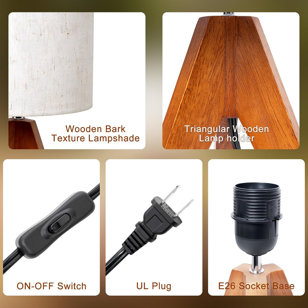 Mid Century Table Lamp - Small Side Table Lamp with Linen Shade, 14.2 Inch Bedside Lamps for Night Stands, Bedroom, Living Room, Wood Base, E26 Socket（2Pcs）