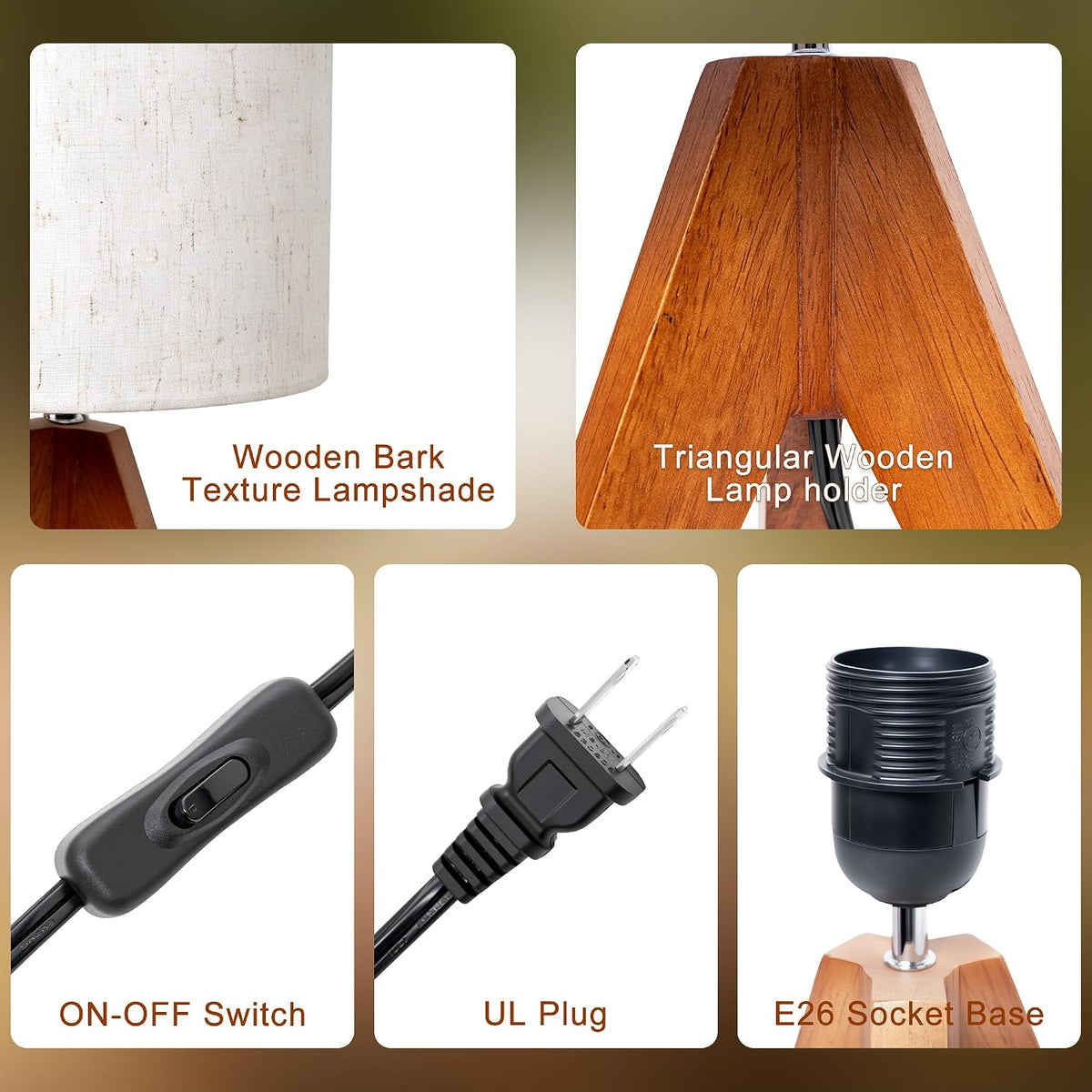 Mid Century Table Lamp - Small Side Table Lamp with Linen Shade, 14.2 Inch Bedside Lamps for Night Stands, Bedroom, Living Room, Wood Base, E26 Socket（2Pcs）