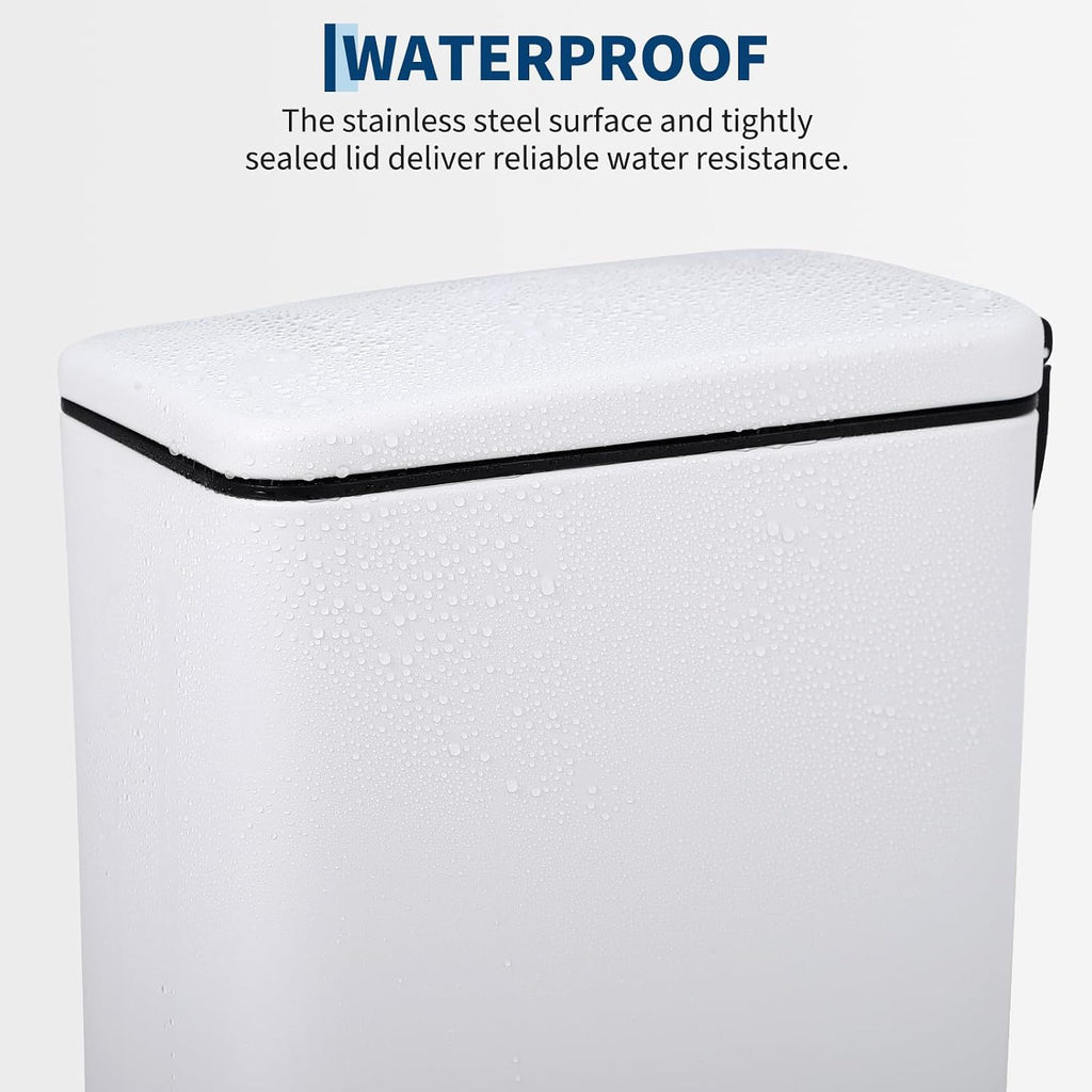 Slim Kitchen Trash Can with Lid, 10L Narrow Stainless Steel Garbage Can, Step Pedal Trash Bin with Soft Close & Stay Open Lid, Space Saving Can with Inner Bucket for Bathroom Office White