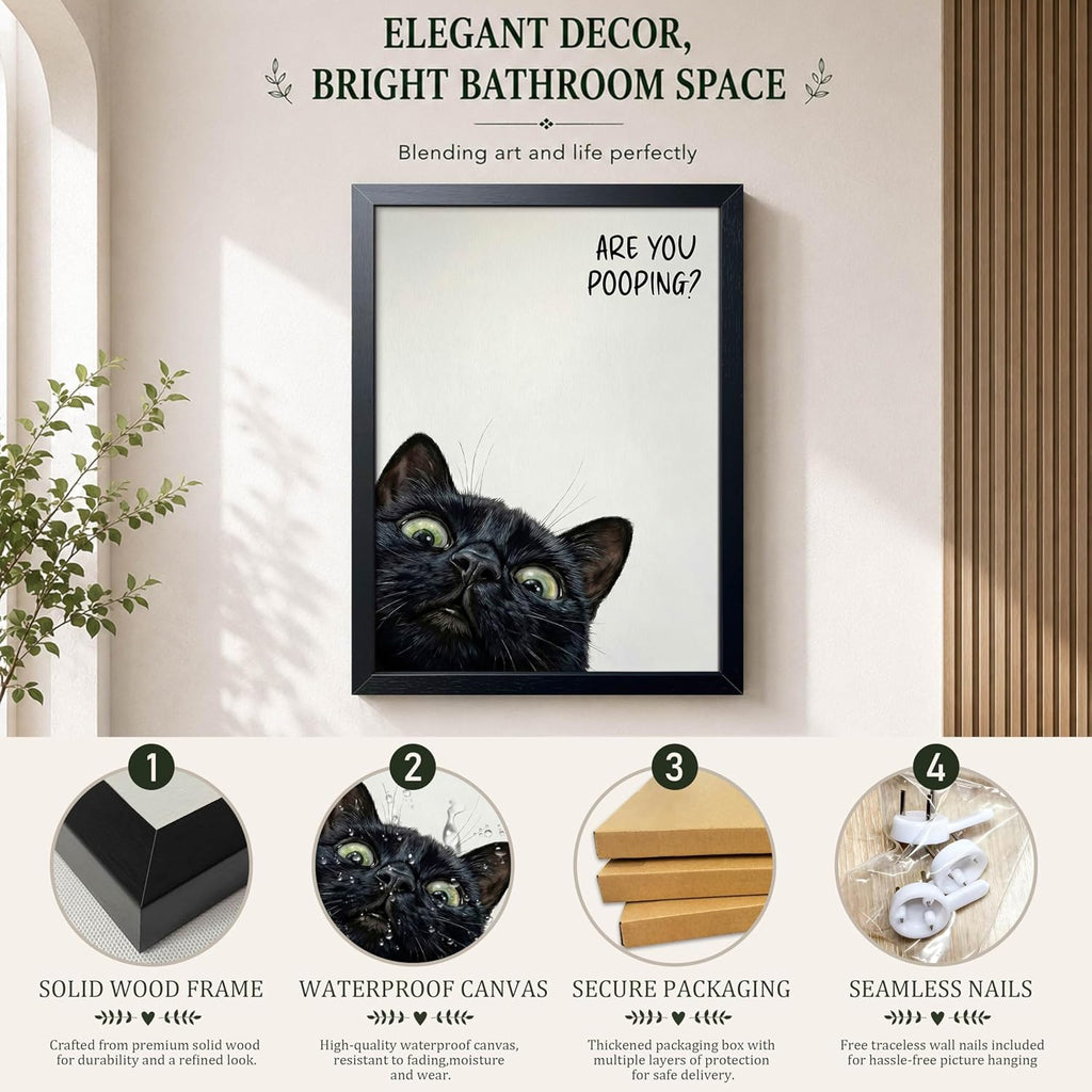 Funny Black Cat Bathroom Wall Art, Rustic Farmhouse Wall Decor Painting, Humorous Are You Pooping Canvas Print, Cute Animal Canvas Art, Black Framed Cat Pictures for Restroom Wall Decor 8X10 Inch