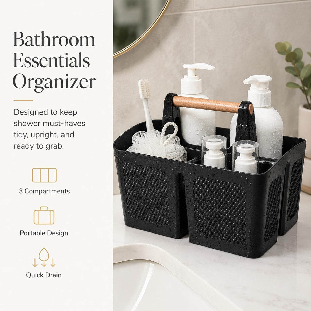 Plastic Shower Caddy with Wooden Handle, Portable 3-Compartment Bathroom Organizer Basket with Drainage Holes, Quick Dry Shower Basket for Dorm, College, Cleaning Supplies