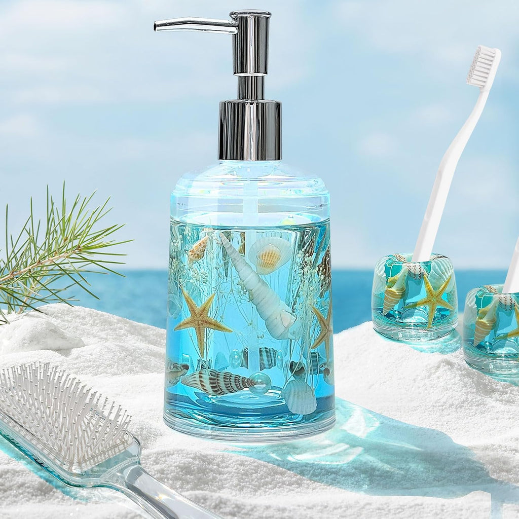 Soap Dispenser with Pump Acrylic W/Nature Seashell Handmade Bathroom Hand Soap Dispenser, Kitchen Refillable Liquid Dispenser for Soap,Dish Soap, Lotion (Blue)