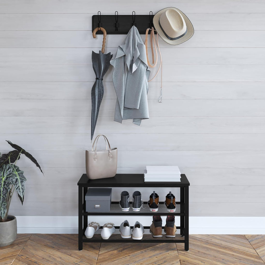 Blackwash Solid Pine Wood 3-Tier Entryway Shoe Rack Bench with Metal Mesh Shelves, for Entryway, Mudroom, or Bedroom, and More!