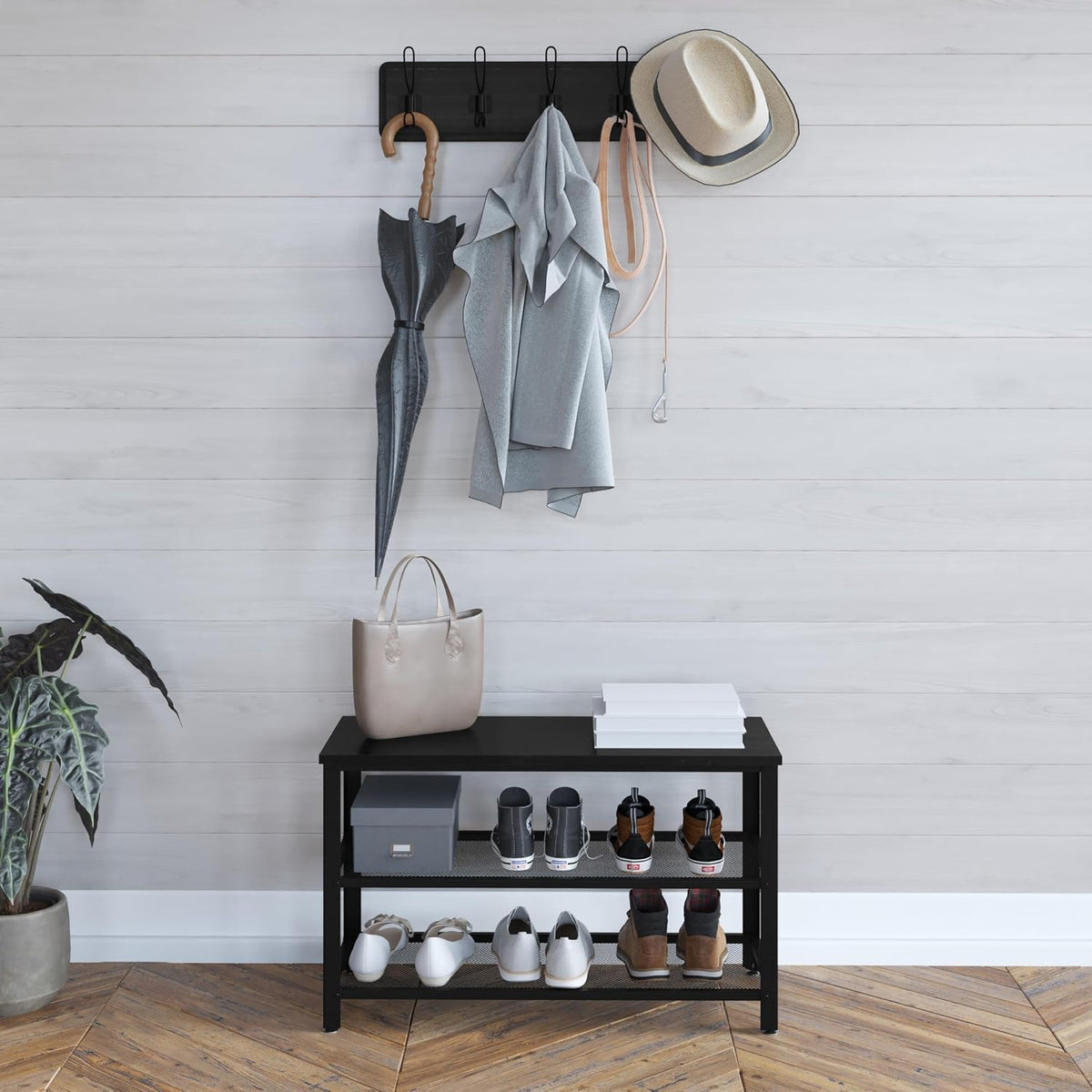 Blackwash Solid Pine Wood 3-Tier Entryway Shoe Rack Bench with Metal Mesh Shelves, for Entryway, Mudroom, or Bedroom, and More!