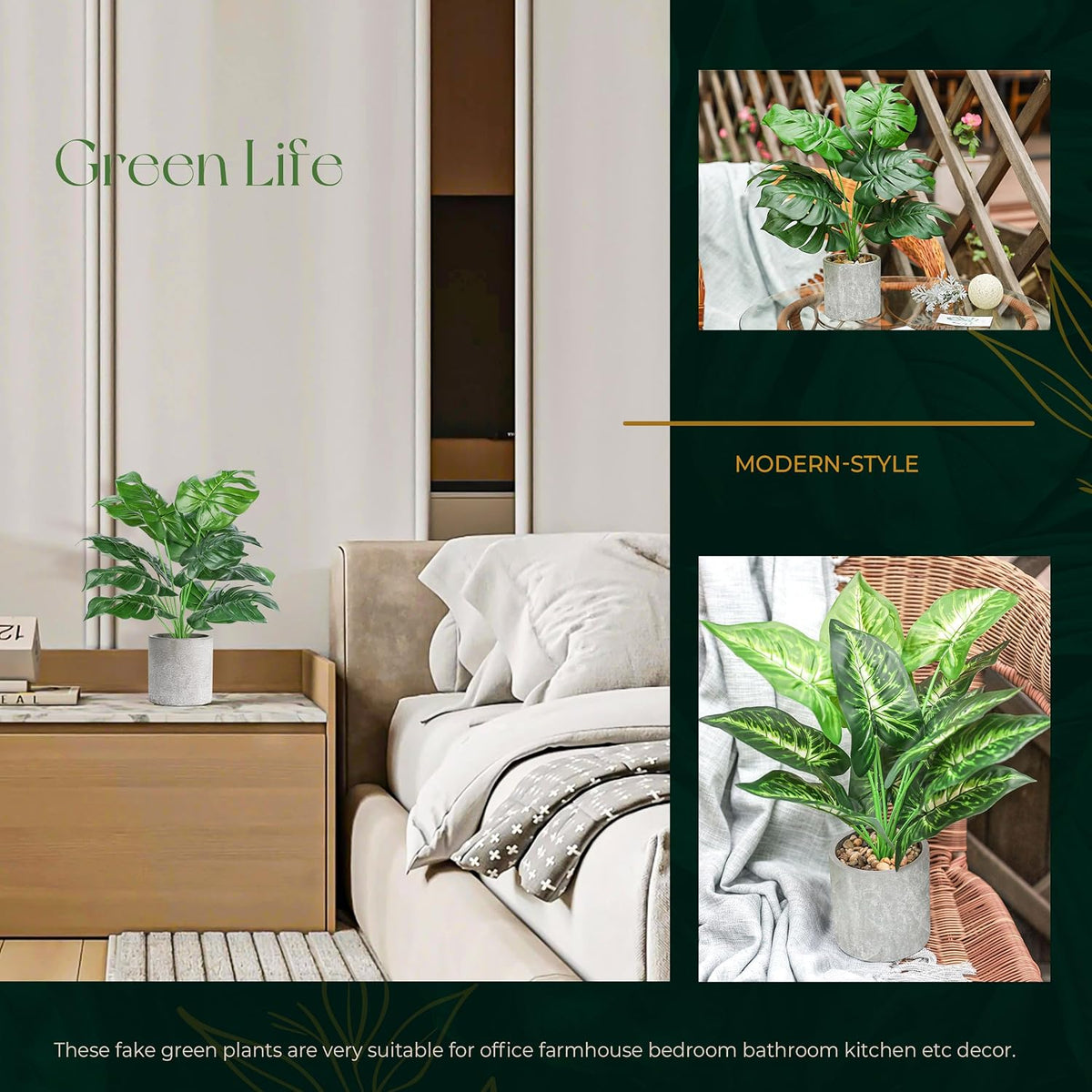 2 Pack 16" Fake Plants Monstera for Desk Shelf Decor