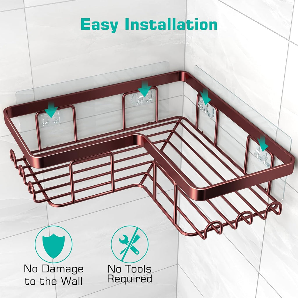 Corner Shower Caddy, 3-Pack Adhesive Shower Caddy with Soap Holder and 12 Hooks, Rustproof Stainless Steel, No Drilling Wall Mounted Rack Organizer, for Bathroom, Bronze