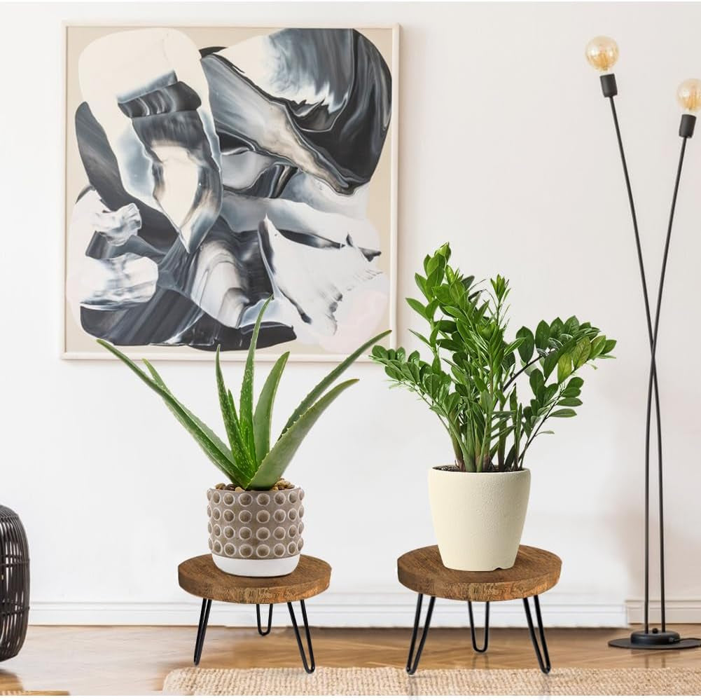 Plant Stand Indoor Outdoor Wood Mid Century Plant Stand for Indoor Plants, Modern Plant Table round Plant Stool, Boho Rustic Wooden Stool for Plant Pot Hol (L)