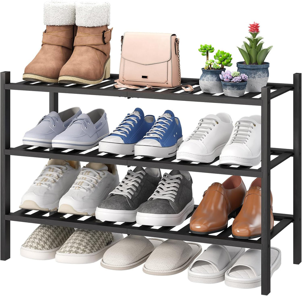 3-Tier Black Bamboo Shoe Rack for Entryway, Stackable | Foldable | Natural, Shoe Shelf Storage Organizer for Hallway Closet, Free Standing Shoe Racks for Indoor Outdoor