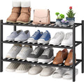 3-Tier Black Bamboo Shoe Rack for Entryway, Stackable | Foldable | Natural, Shoe Shelf Storage Organizer for Hallway Closet, Free Standing Shoe Racks for Indoor Outdoor