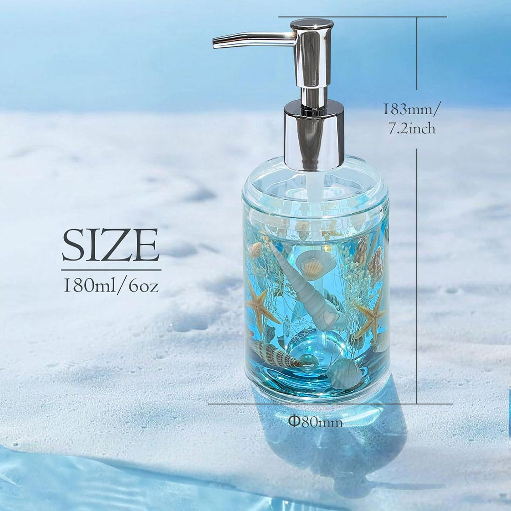 Soap Dispenser with Pump Acrylic W/Nature Seashell Handmade Bathroom Hand Soap Dispenser, Kitchen Refillable Liquid Dispenser for Soap,Dish Soap, Lotion (Blue)