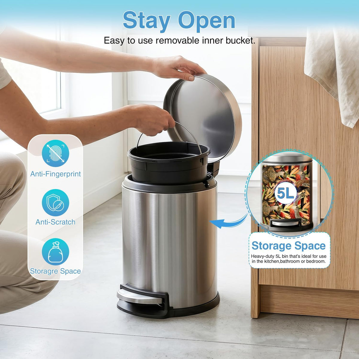 Mini Trash Can 5L Stainless Steel round Cylindrical Soft-Close with Foot Pedal 1.32 Gallon for Bathroom,Office,Kitchen, Resturant, Indoor