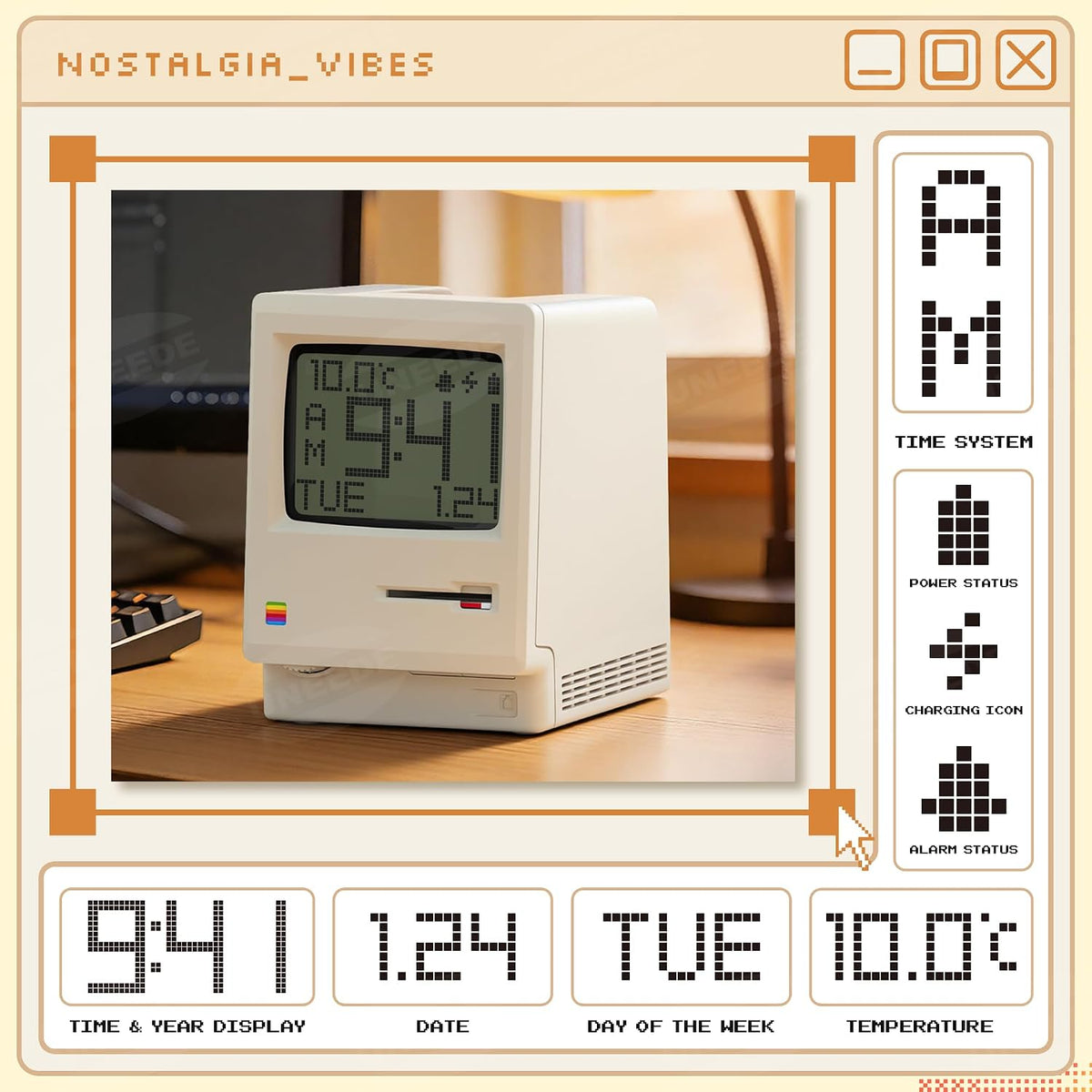 Maclock Retro Desk Clock, 1984 W-8 Computer Inspired Pixel Display Rechargeable Desk Clock, Multi-Alarm, Calendar, Temperature, Dimmable, Unique Retro Tech Gift for Office Bedroom Night Light