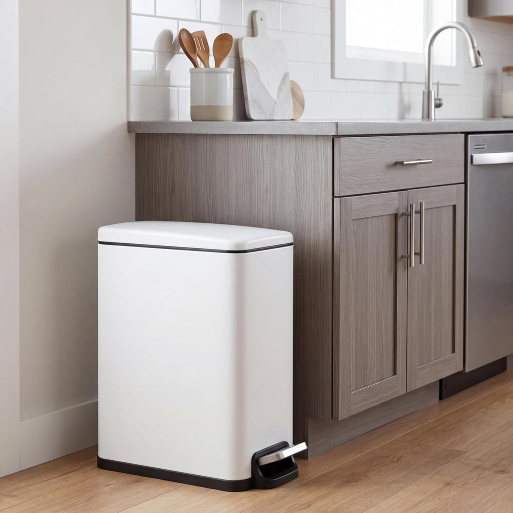 Slim Kitchen Trash Can with Lid, 10L Narrow Stainless Steel Garbage Can, Step Pedal Trash Bin with Soft Close & Stay Open Lid, Space Saving Can with Inner Bucket for Bathroom Office White