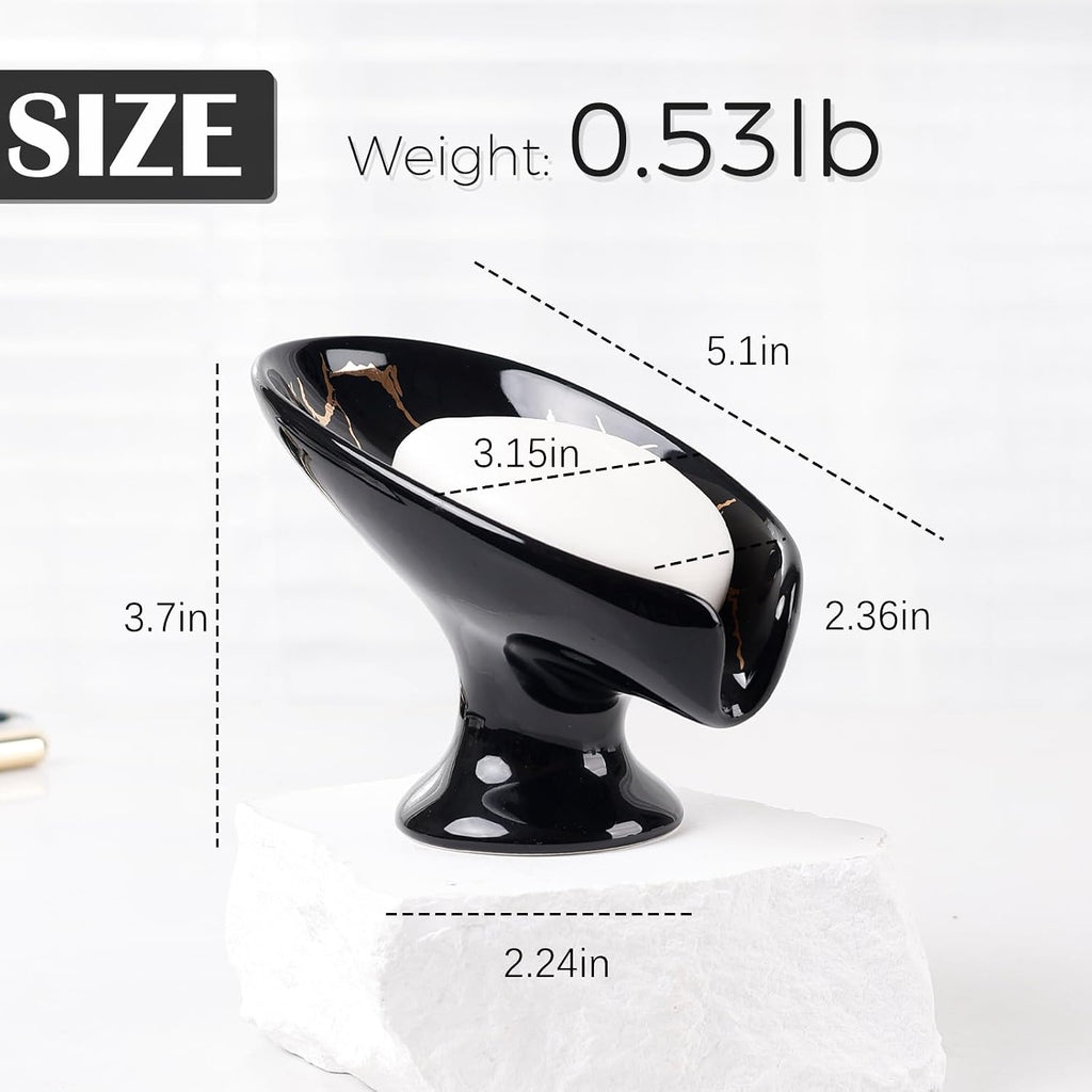 Soap Dish, Ceramic Soap Holder Self Draining Leaf Shape Bar Soap Holder, Marble Look Black Drain Soap Dish Holder for Bathroom, Easy to Clean Keeps Soap Dry,