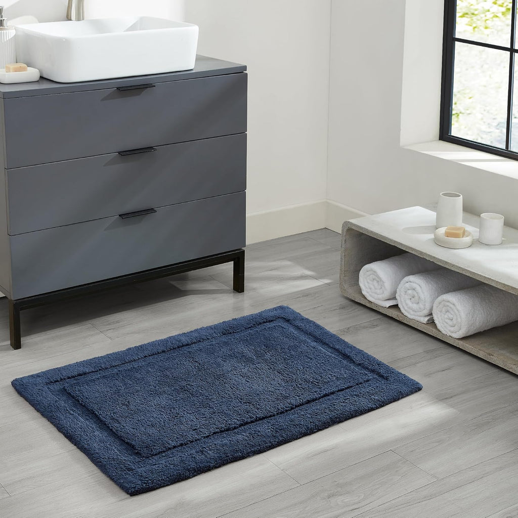Lydia Border 100% Cotton Bath Mat - Non-Slip Bath Rug - Midnight Navy - 17"X24"