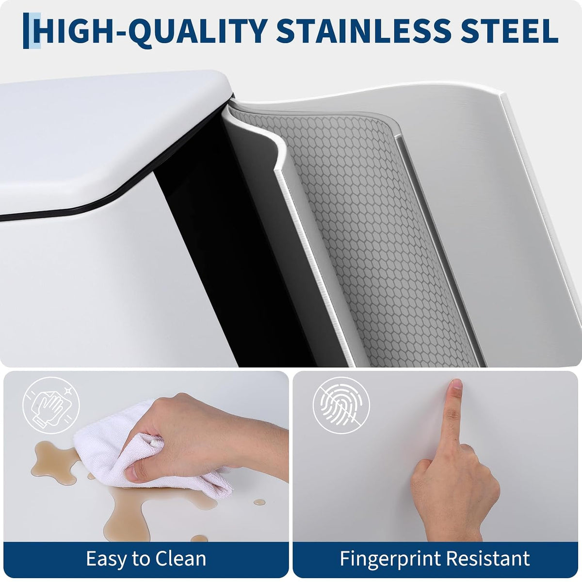 Slim Kitchen Trash Can with Lid, 10L Narrow Stainless Steel Garbage Can, Step Pedal Trash Bin with Soft Close & Stay Open Lid, Space Saving Can with Inner Bucket for Bathroom Office White